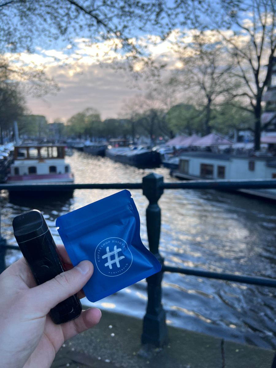 Coffeeshop Hashtag product by the canal at sunset